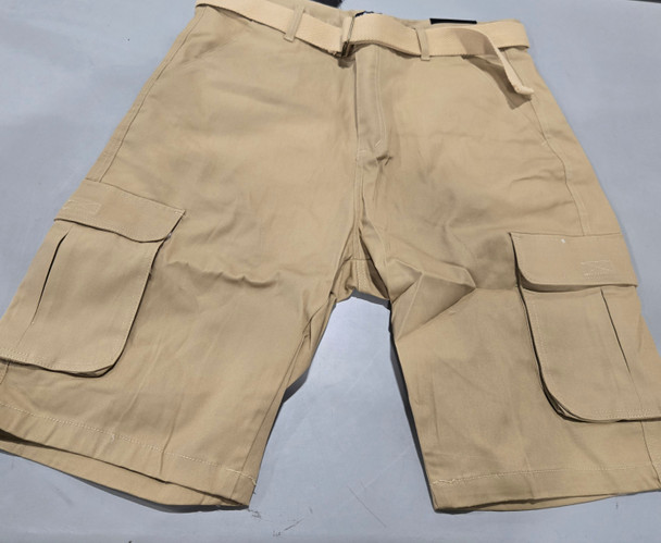 BLU ROCK NEW YORK MEN SLIM FIT STRETCH BELTED CARGO SHORTS - SIZE: 38 - KHAKI New