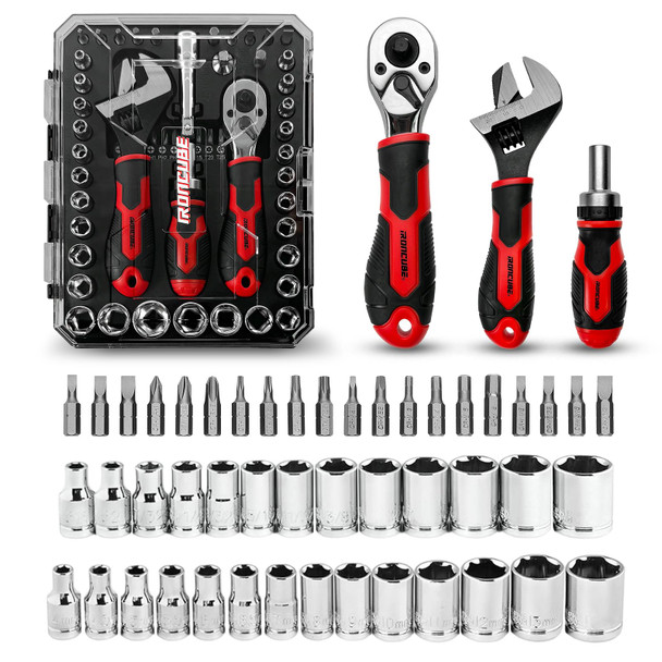 IRONCUBE 53-PIECE SOCKET RATCHET WRENCH 20-IN-1 WITH 2-IN-1 WRENCH BLACK/RED