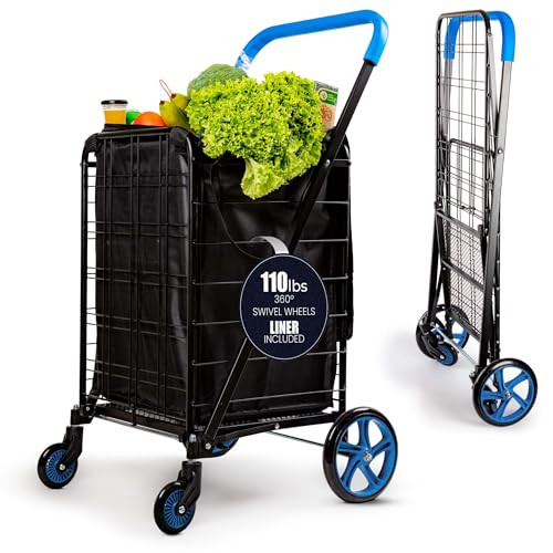 SereneLife Large Folding Utility Shopping Cart with Removable Liner - Blue New