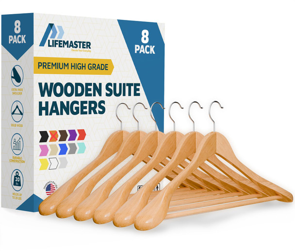 LIFEMASTER SOLID WOODEN HANGER SET 8 PIECES NON-SLIP VERSATILE CLOSET SPACE-TAN