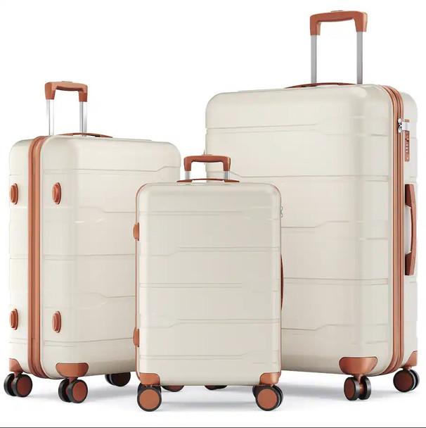 GENERIC 3-PIECE HARDSHELL CHECKED SPINNER LUGGAGE SETS, 20IN/24IN/28IN - BEIGE