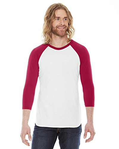 American Apparel Unisex Poly-Cotton 3/4-Sleeve Raglan T-Shirt Size S WHITE/RED