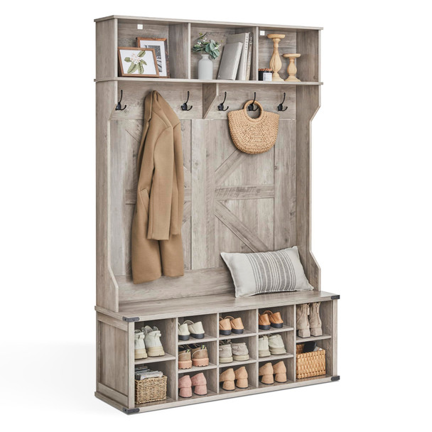 VASAGLE HALL TREE WITH BENCH AND SHOE STORAGE CATCH ALL BEVELED EDGE GLAZE