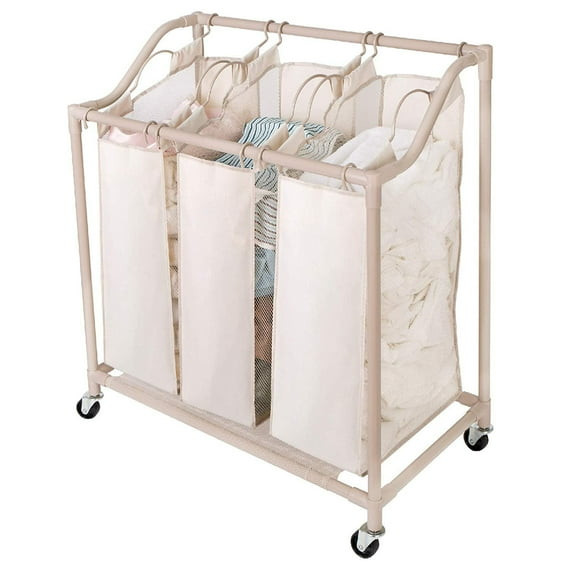 SMART DESIGN DELUXE ROLLING TRIPLE COMPARTMENT LAUNDRY SORTER 30 X 32 - BEIGE