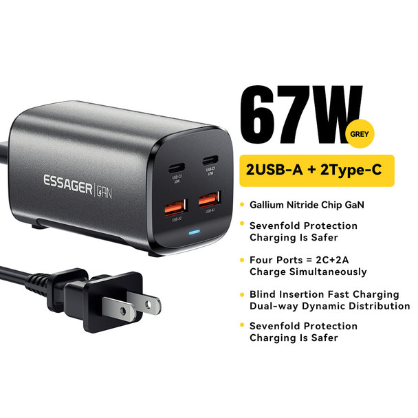 ESSAGER JIYUE 67W GAN DUAL USB C AND USB A PD CHARGER - DARK GRAY