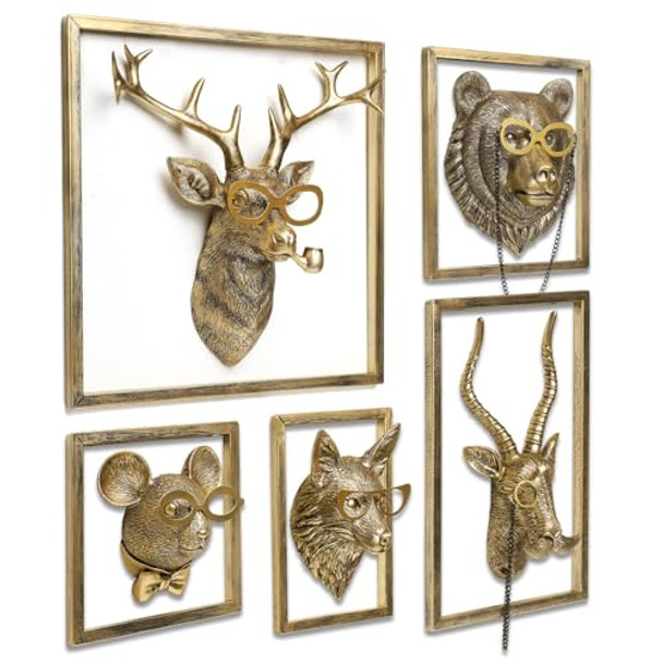 Newinhome Animal Heads Wall Decor 5pcs,Includes Metal Frame,Resin,Gold
