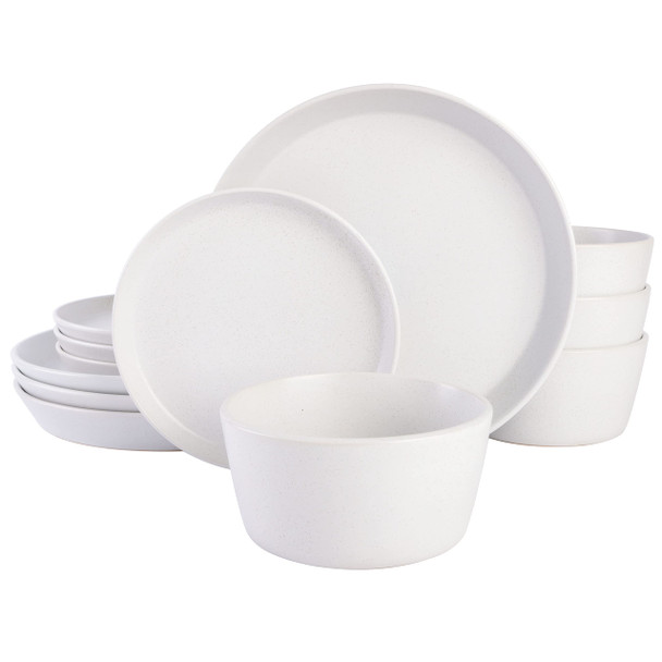 GIBSON SOHO LOUNGE SOFIA COUPE STONEWARE DINNERWARE SET WHITE W/SPECKLE-NEW New