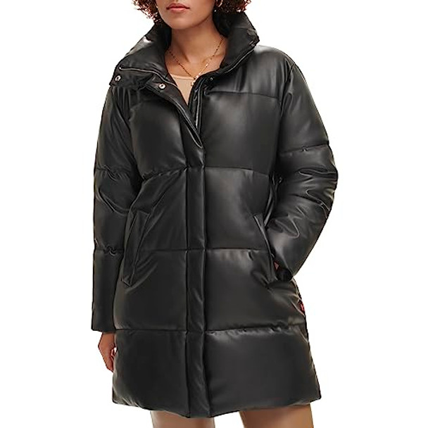 LEVI'S FAUX LEATHER MID-LENGTH PUFFER COAT - SIZE: WOMEN M - BLACK New