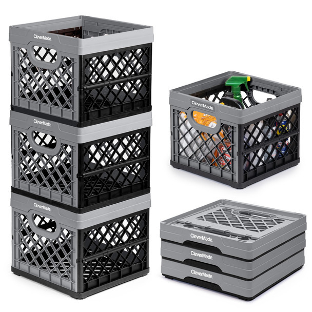 CLEVERMADE COLLAPSIBLE MILK CRATE STONE 3PK 25L 6 GAL STACKABLE STORAGE BINS