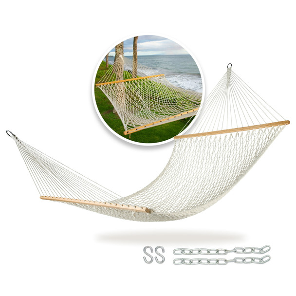 BLISS HAMMOCKS COTTON ROPE HAMMOCK W/ SPREADER BAR, 60IN WIDE - WHITE New