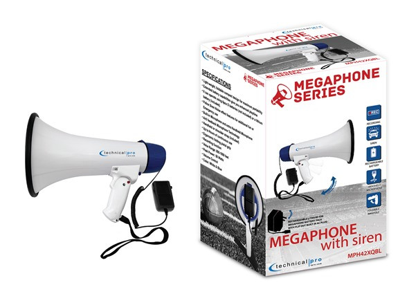 TECHNICAL PRO RECHARGEABLE MEGAPHONE 50 WATT, 800-1000 FEET - WHITE & BLUE