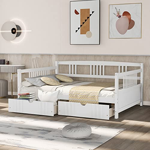 SPOFLYINN FULL SIZE DAYBED WITH SAFETY GUARDRAILS, WOOD, 295132AAK - WHITE