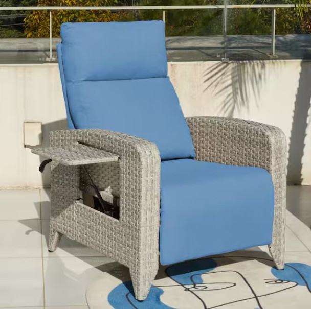 ZZWHOM WHITE WICKER RECLINING OUTDOOR CHAISE LOUNGE CUP HOLDER - BLUE/WHITE