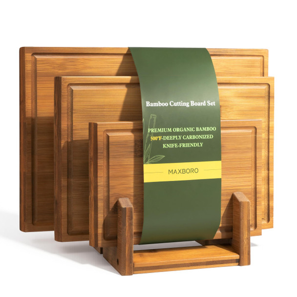 MAXBORO BAMBOO CUTTING BOARD SET WITH STAND, DOUBLE-SIDED, 3PCS - BROWN