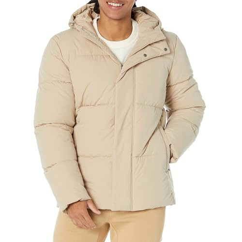 AMAZON ESSENTIALS MENS MID-LENGTH HOODED PUFFER COAT - SIZE M - TAN