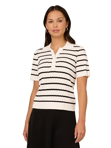 ADRIANNA WOMENS POINTELLE POLO STRIPED SWEATER-V-PLACKET--IVORY/BLACK--L New