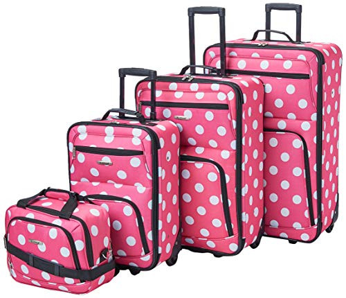 ROCKLAND POLKA SOFTSIDE UPRIGHT LUGGAGE SET EXPANDABLE LIGHTWEIGHT PINK DOTS
