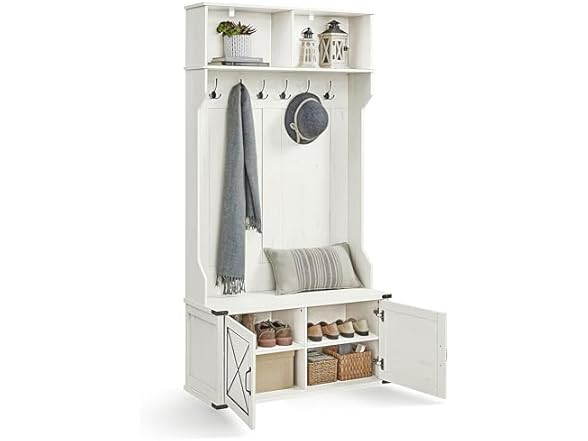 VASAGLE HALL TREE WITH BENCH SHOE STORAGE, COAT RACK  SHOE BENCH - RUSTIC WHITE