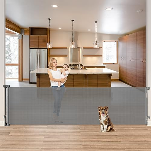 KISKIZ 85 INCH RETRACTABLE BABY GATES EXTRA WIDE GATE 33 TALL X 85 WIDE - GRAY New