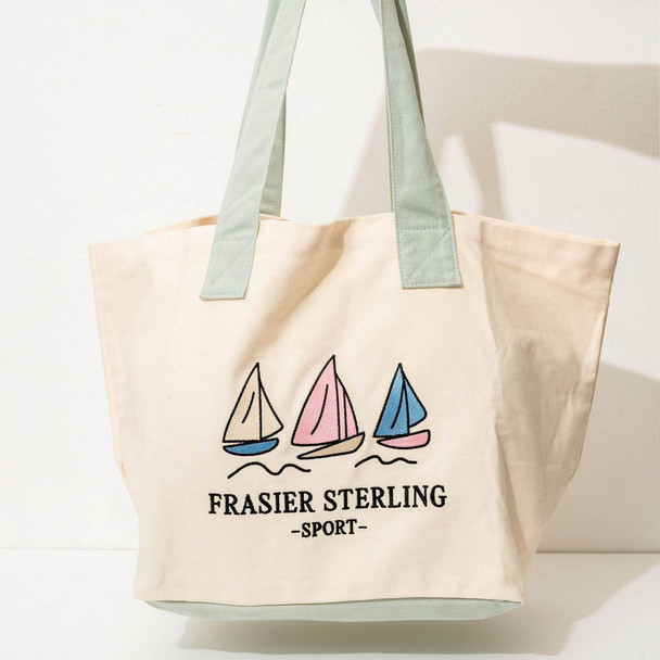 FRASIER STERLING SPORT SAIL BOATS TOTE BAG - COTTON CANVAS HANDBAG - CREAM/MINT New