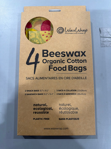 WAXWRAP BEESWAX ORGANIC COTTON FOOD BAGS - 4 BAGS - 2 SNACK BAGS 2 SANDWICH BAGS New