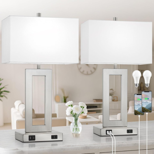 GENERIC MODERN SILVER TABLE LAMPS SET OF 2 - SILVER/WHITE