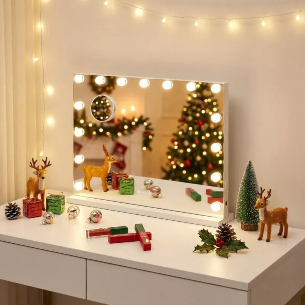 ELECWISH 23" X 17" LIGHTED VANITY MIRROR WITH STAND - 3-COLOR ADJUSTABLE - WHITE