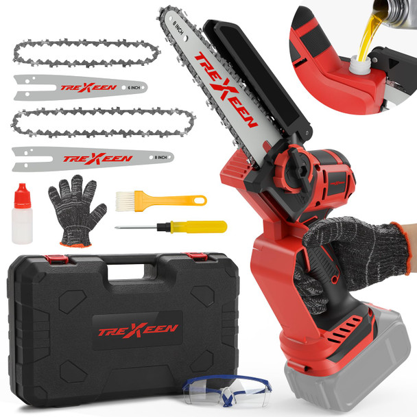 TREXEEN MINI CHAINSAW MWK M18 8" 6" CHAINSAW BATTERY NOT INCLUDED - BLACK/RED