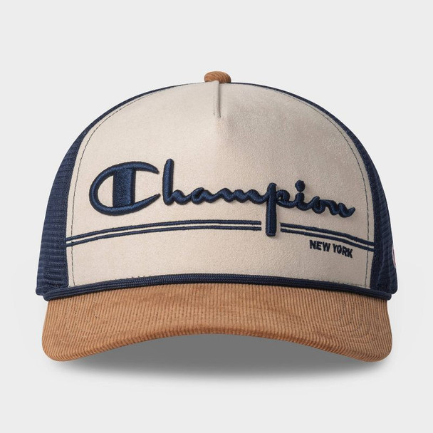 CHAMPION ADULT TRAVIS FAUX SUEDE AND CORDUROY BASEBALL HAT - BROWN/NAVY/WHITE New