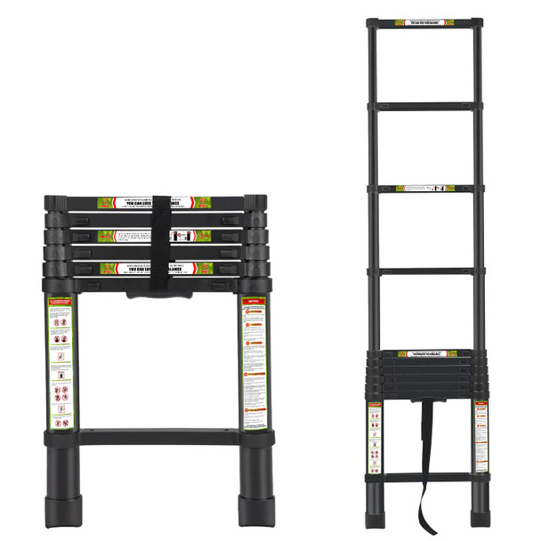 RIKADE TELESCOPIC LADDER 6.5FT ALUMINUM TELESCOPING LADDER NON-SLIP BLACK