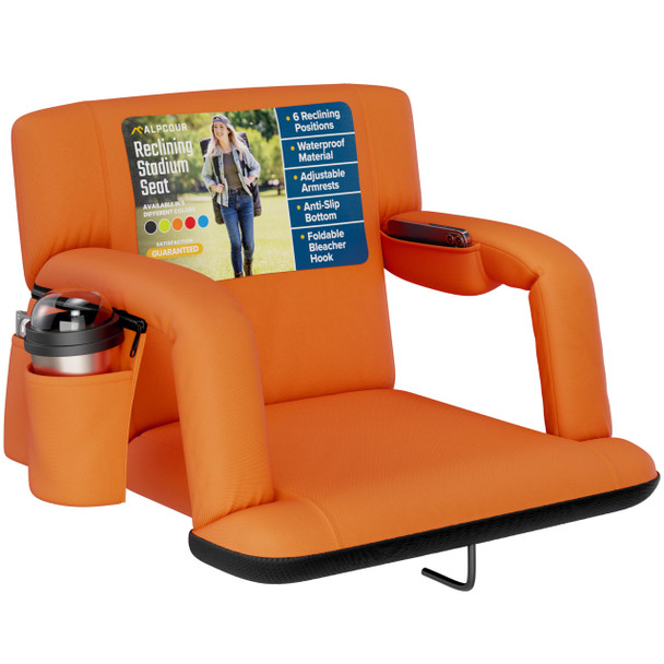 ALPCOUR RECLINING STADIUM SEAT,WIDE BLEACHER CHAIR BACK SUPPORT 21" -ORANGE New