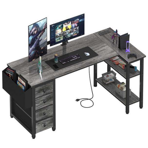LUFEIYA L SHAPED GAMING DESK WITH DRAWERS STORAGE SHELVES 55 INCH CORNER - GRAY