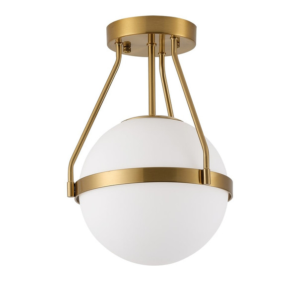 SEMI FLUSH MOUNT CEILING LIGHT WITH WHITE GLOBE GLASS SHADE - BRUSHED BRASS