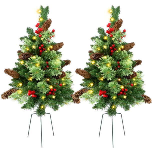 GUOOU SET OF 2 PATHWAY CHRISTMAS TREE URN FILLER, LIGHTED ARTIFICIAL - WHITE
