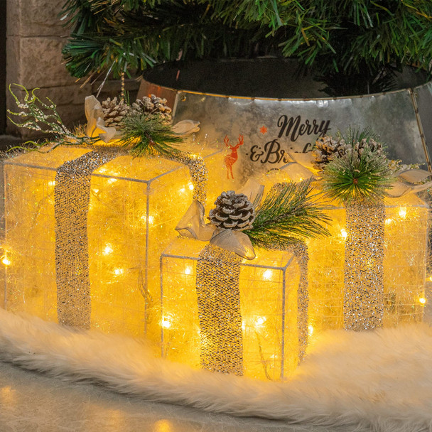 Hourleey Lighted Gift Boxes, Set of 3, LED, Warm White Tinsel Boxes, CL-A60W-50
