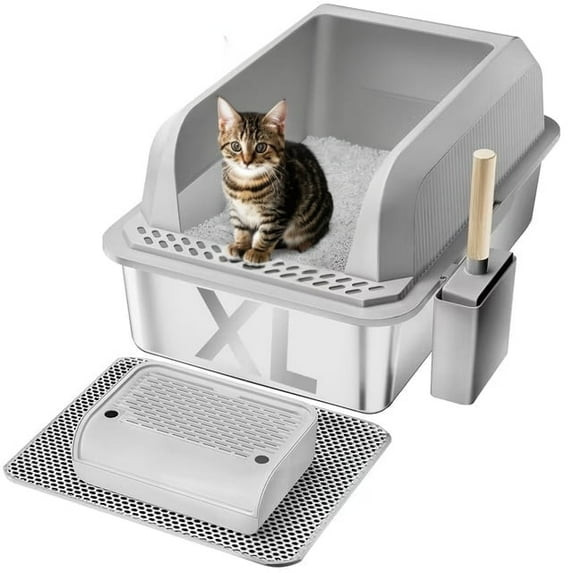 FURKID STAINLESS STEEL CAT LITTER BOX FURKID LARGE METAL KITTY BIG CATS - GRAY