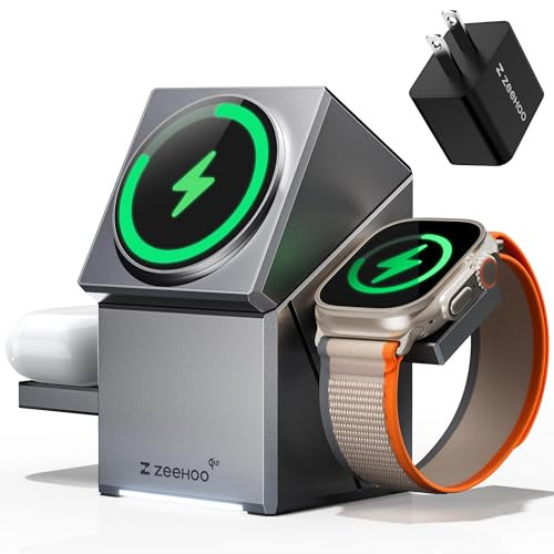 ZEEHOO 3 in 1 Charging Station for Apple, iPhone Mag-Safe QI2 Rotating