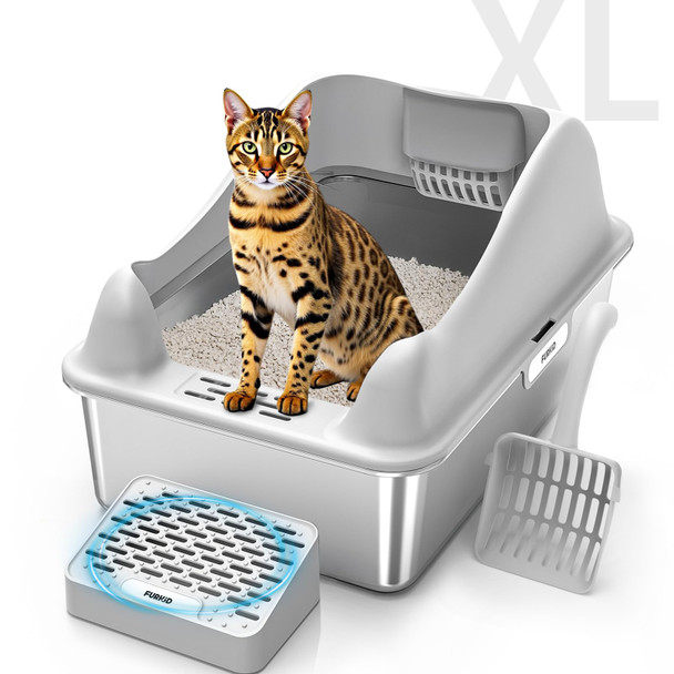 FURKID STAINLESS STEEL CAT LITTER BOX WITH LID, XL EXTRA LARGE LITTER BOX