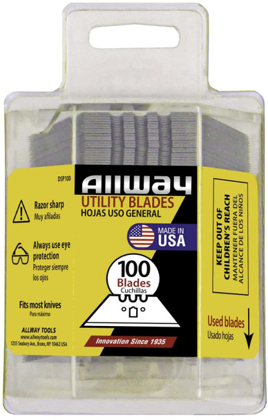 ALLWAY DSP100 3-NOTCH UTILITY KNIFE BLADES WITH DISPENSER SHARP POINT 100 PACK