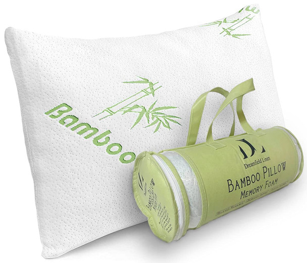 DreamField Linen Memory Foam Bamboo Pillow Queen Size -White/Green