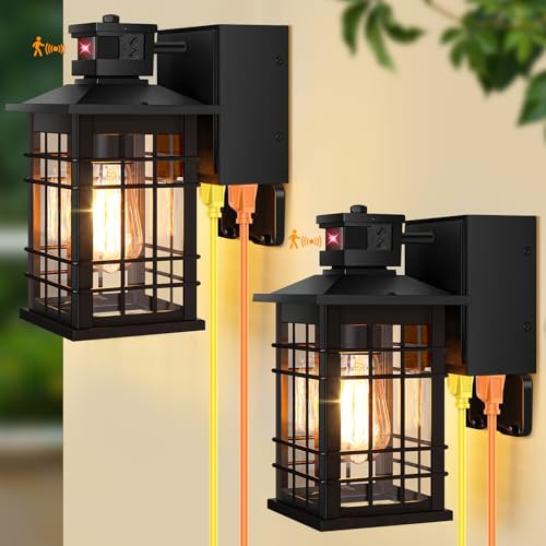 KONDRAS 2-PACK PORCH LIGHTS WITH GFCI OUTLET, MOTION SENSOR, 0815 - BLACK