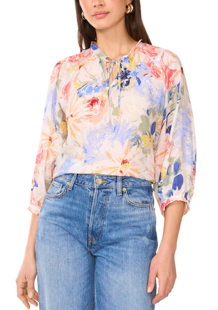 VINCE CAMUTO WOMEN'S FLORAL PRINTED SPLIT NECK BLOUSE - SIZE: M - ULTRA WHITE