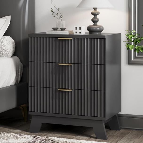 XIXINI FLUTED NIGHTSTAND 24" WIDE SIDE TABLE 3 LARGE STORAGE DRAWERS - BLACK