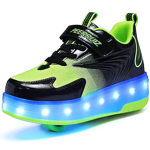 HHSTS KIDS SHOES NEW UPGRADED WITH WHEELS LED LIGHT COLOR BLACK/GREEN SIZE 4