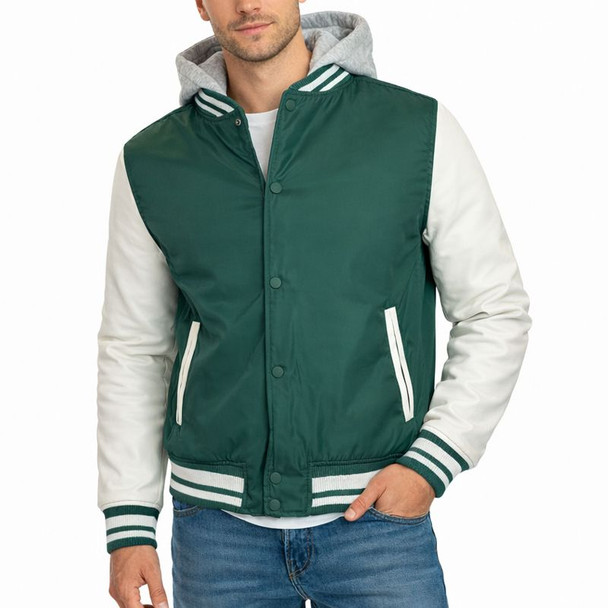 GALAXY FORMAKER MEN'S HOODED VARSITY JACKET - SIZE: MEN M - GREEN/WHITE New