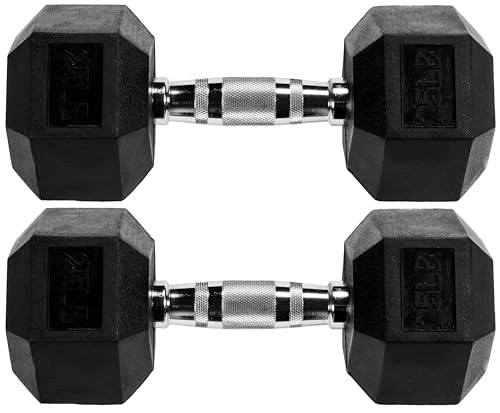 FITVIDS Premium Rubber Encased Hex Dumbbell, 25LB Pair - BLACK