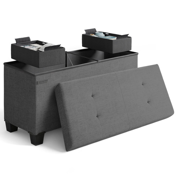 STORAGEBUD Storage Ottoman Bench with Bins, 30-in, Max 660lbs, Fabric, Grey New