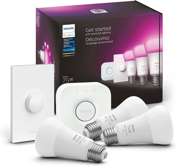 PHILIPS HUE SMART LIGHT STARTER KIT SMART 75W A19 LED BULBS - WHITE