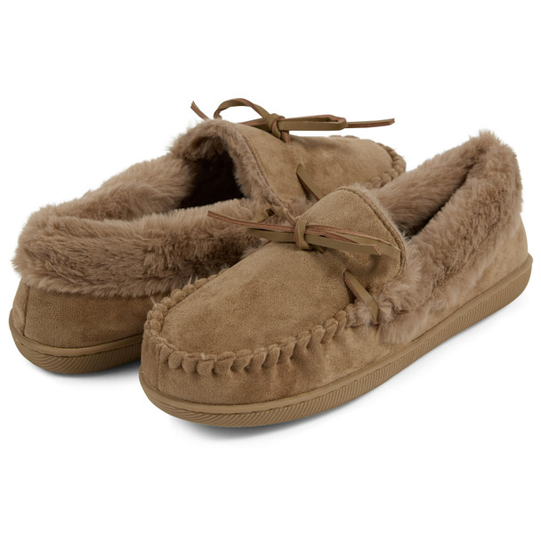 FLOOPI WOMEN’S MICROSUEDE MOCCASIN SLIPPER - SIZE: WOMEN M - TAUPE New