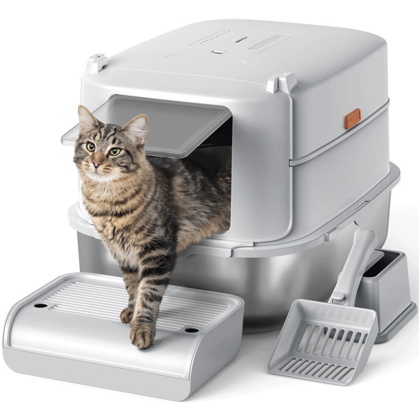 FURKID STAINLESS STEEL CAT LITTER BOX WITH LID, XL EXTRA LARGE CATS - GRAY